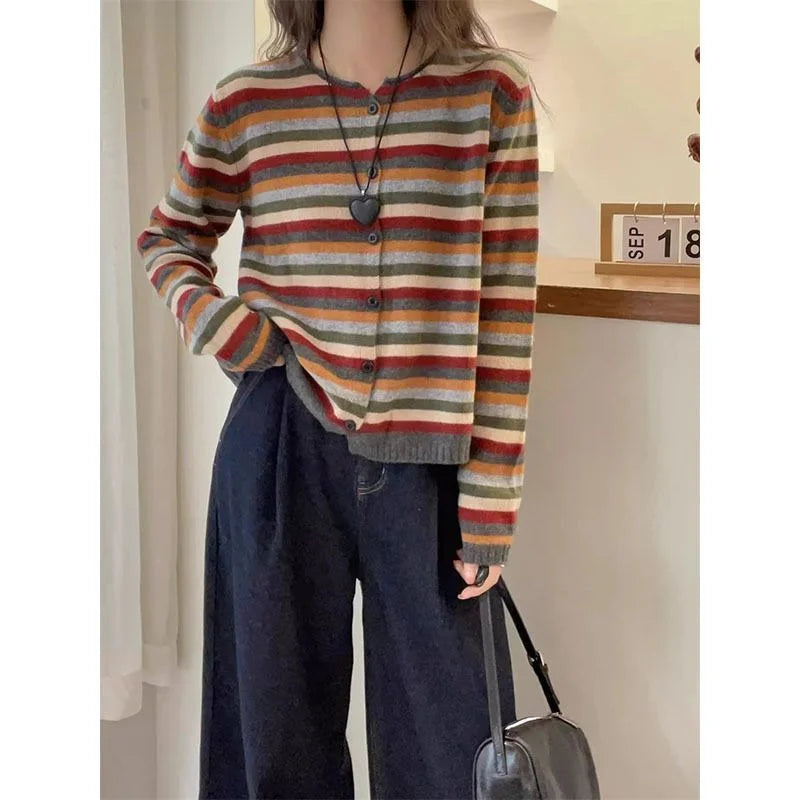 Round Neck Long Sleeve Color Striped Knitted Cardigan
