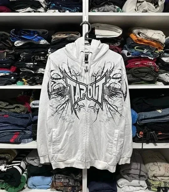 Y2K Tapout Zipper Hooded Sweater Retro Hip-hop Letter Printing Oversized Black Hooded Sweater