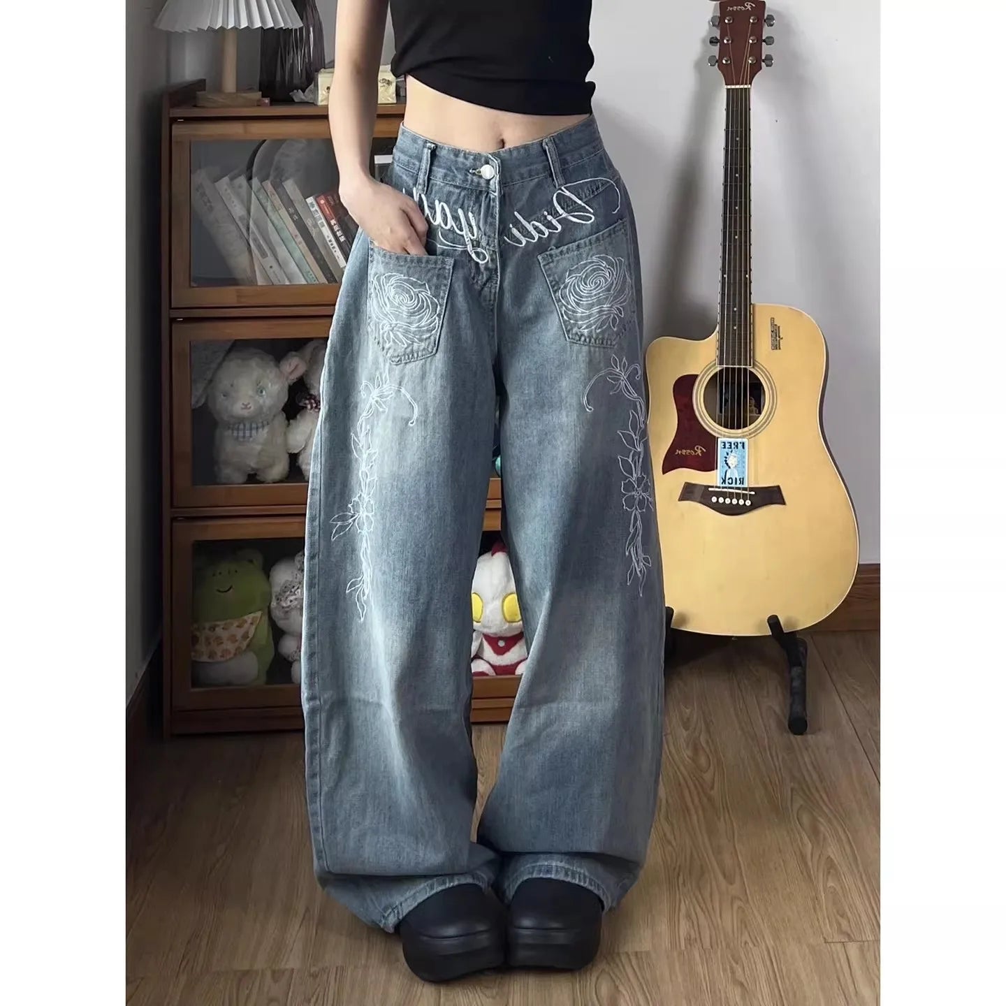 Ladies Loose Fit Straight Leg Jeans Blue Washed Floral Letter Embroidery Unique Street Style American Casual Trousers