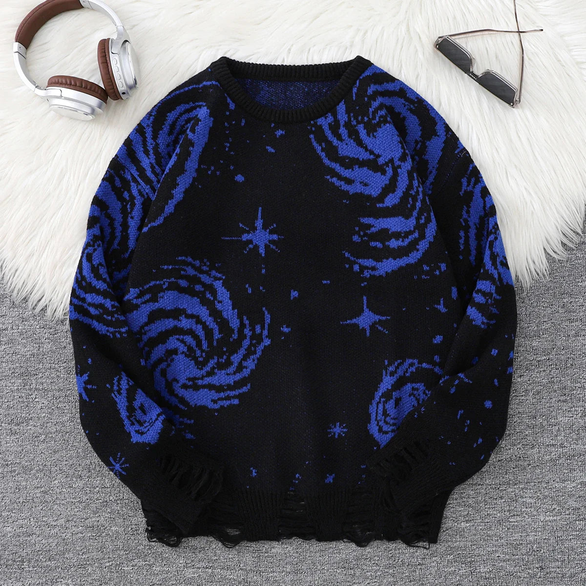 Trendy Street Style Ripped Abstract Starry Sky Pattern Pullover Ripped Sweater Casual Crew Neck Knitted Pullover