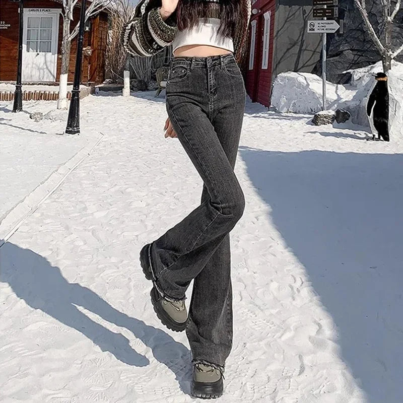 High Waist Vintage Flare Jeans Gothic Elastic Bell Bottom Pants Lady Streetwear Blue Black Grey Denim Trousers