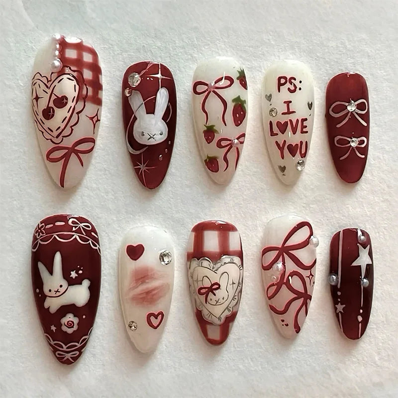24PCS Wine Red Almond Press on Nails Cartoon Rabbit Bowknot with Plaid Pearl Designs French Fake Nails