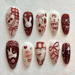 24PCS Wine Red Almond Press on Nails Cartoon Rabbit Bowknot with Plaid Pearl Designs French Fake Nails