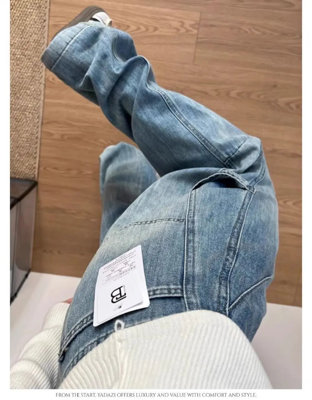 Women' Curved Straight Wide Leg Light Blue Jeans Young Girl Denim Trousers Vintage Street Style Bottoms High Waisted Pant