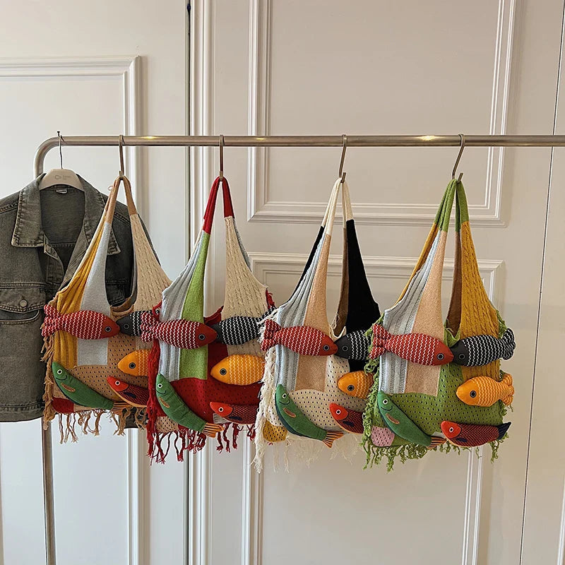 Cute Little Fish Relaxed Knitted Bag Commuter Versatile Shoulder Bag Contrasting Cut Out Tote Bag