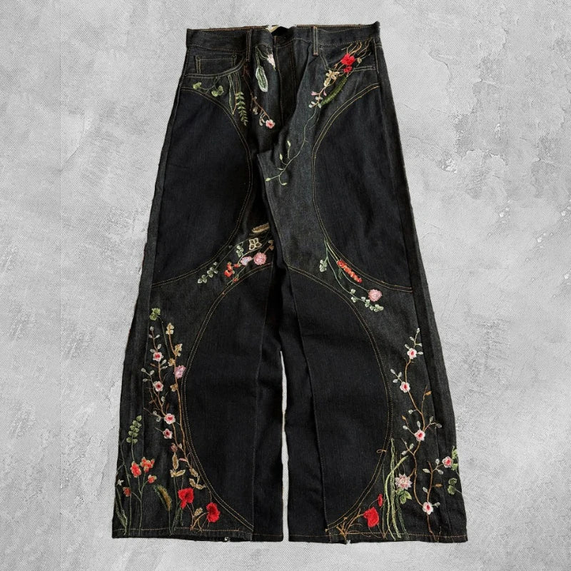 Y2K Floral Baggy Jeans Retro Blossom Embroidery Streamlined Unisex Streetwear Gothic High Street Oversized Wide Leg Pants