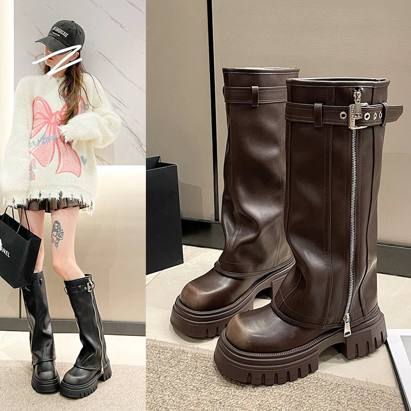 Biker Boots Belt Buckle Ladies Elegant Platform Long Pipe Booties Casual Knee High Booties2025