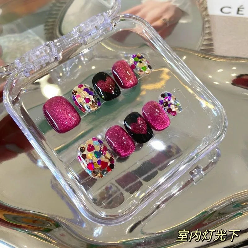 10pcs Handmade press on Nails Dragon Fruit Crystal Cat's Eye Glittering Heart Fake Nail