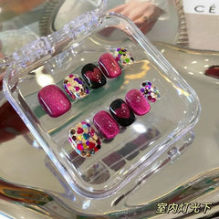10pcs Handmade press on Nails Dragon Fruit Crystal Cat's Eye Glittering Heart Fake Nail