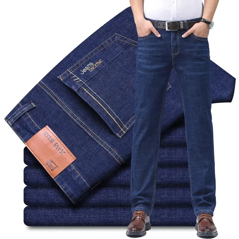 Light Blue Comfort Soft Jeans Thin Straight Business Denim Pants Breathable Cotton Casual Stretch Work Trousers