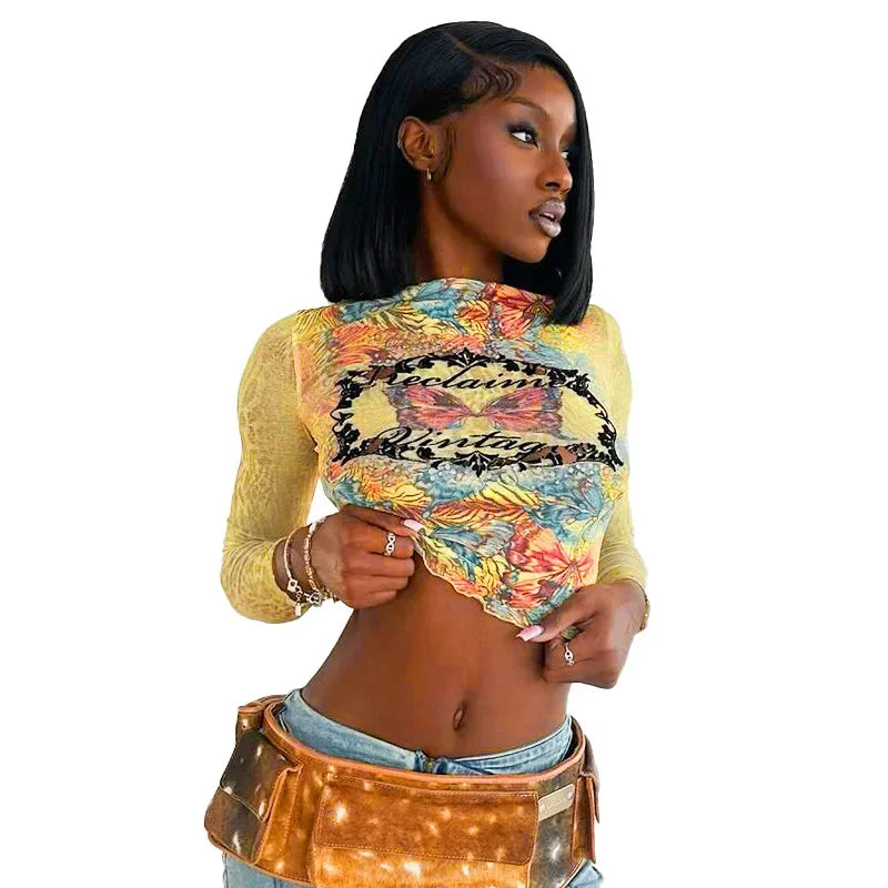 Fashionable Long Sleeve Printed T-Shirt Top Q24TP580 Wear Cross-Border Arrival Crew Neck Tee