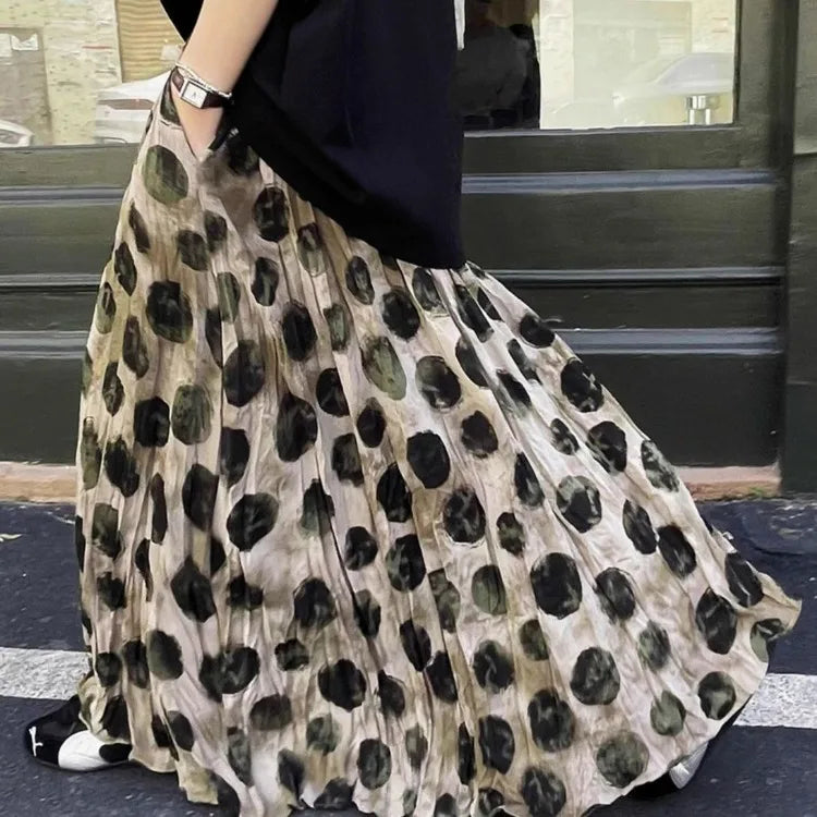 Elegant Green Dot Skirt Vintage High Waisted Holiday Beach Skirt A Line Skinny Print Tie Dye Pretty Style Skirt