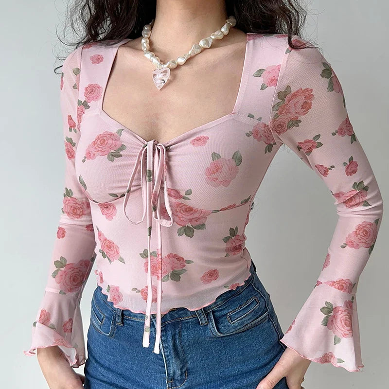 Floral Printed Sweet Holiday T-shirts Flare Sleeve Lace Up Chiffon Office Blouse Mesh Beach Tees Top