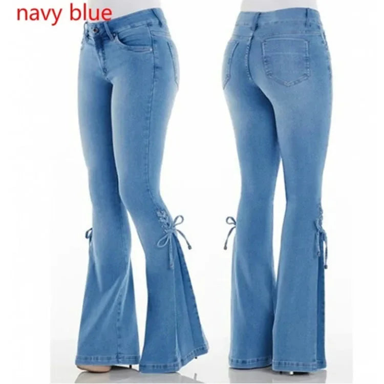 Full Length Flare Pants Jean Washed Denim Pants Zipper Fly Loose Fit Pockets High Waist Basics Lace Up Vintage Solid