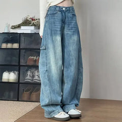 Women' Curved Straight Wide Leg Light Blue Jeans Young Girl Denim Trousers Vintage Street Style Bottoms High Waisted Pant