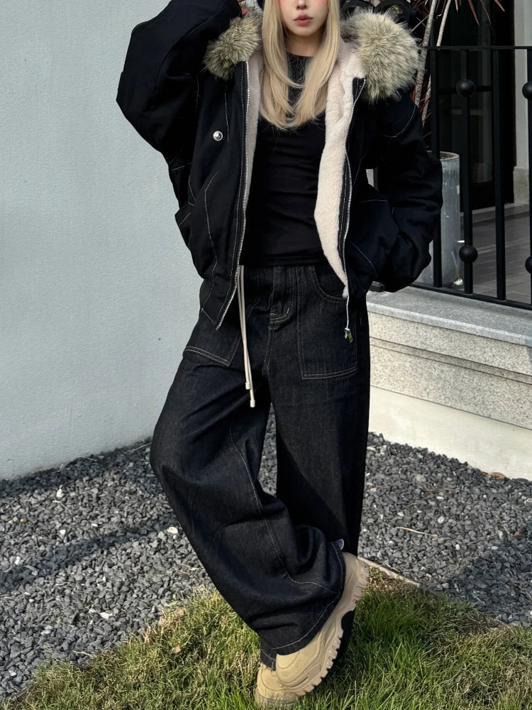 2000s Black Elegant Jacket Y2k Zip Up Hooded Design Harajuku Coat Loose Casual Punk Outfits