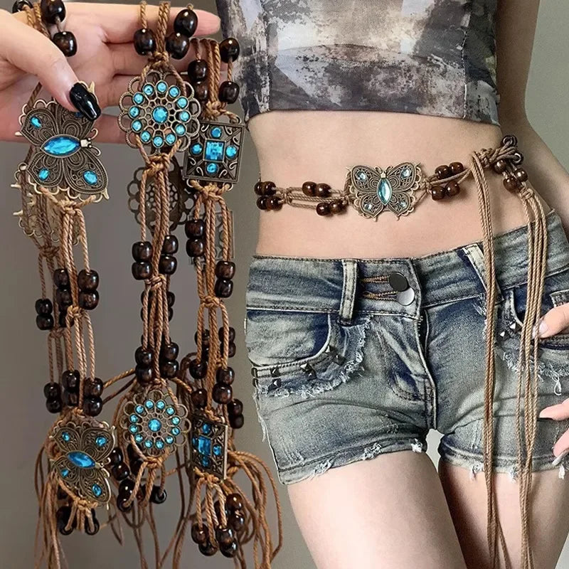 Butterfly Tassel Waist Chain Y2K Trendy Bohemian Belt Beach Accessories Vintage Flower Jean Skirt White Dress Belts