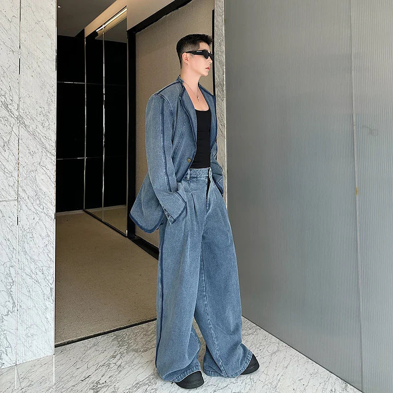 Denim Outfit Two Piece Jacket Pants Suit Collar Patchwork Design Loose Straight Casual Jeans Washed Distressed