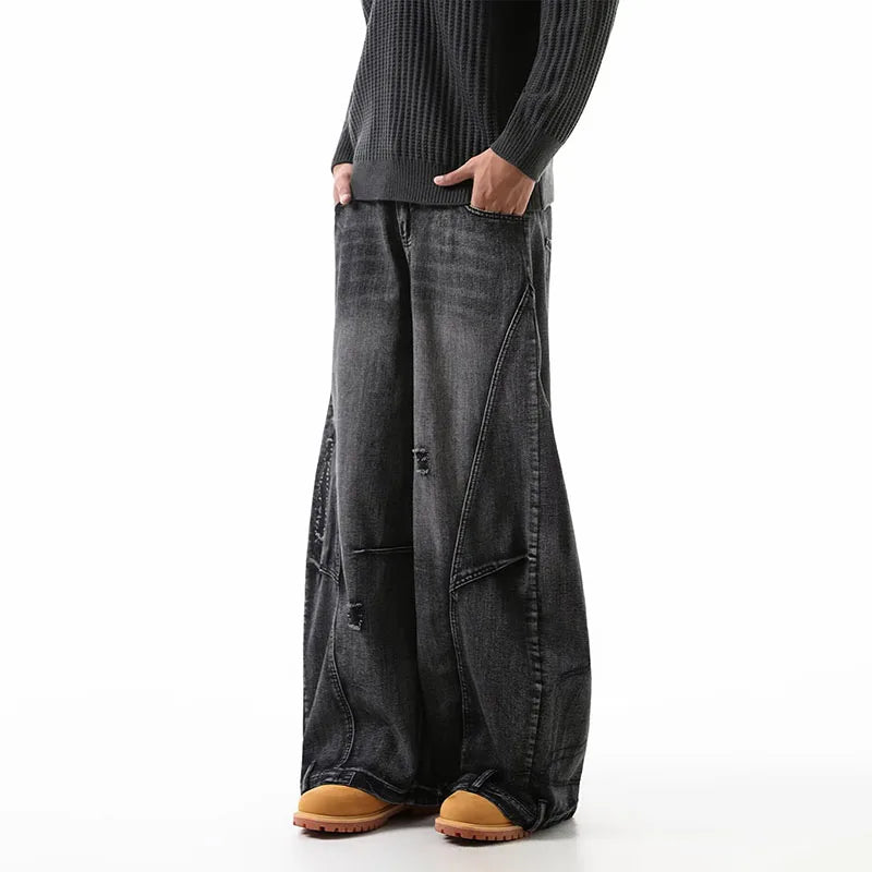 Korean Retro Plus Size Ripped Jeans Wide Leg Curved Pantsable Casual Loose Straight Leg Pants