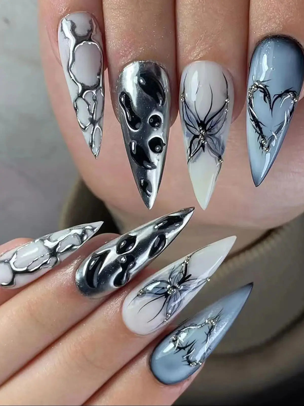 24PCS Long Press On NailsStiletto Black Silver Bowknot Dissymmetry Fake Nails Powder Full Cover Fake Nail Set Nails Art