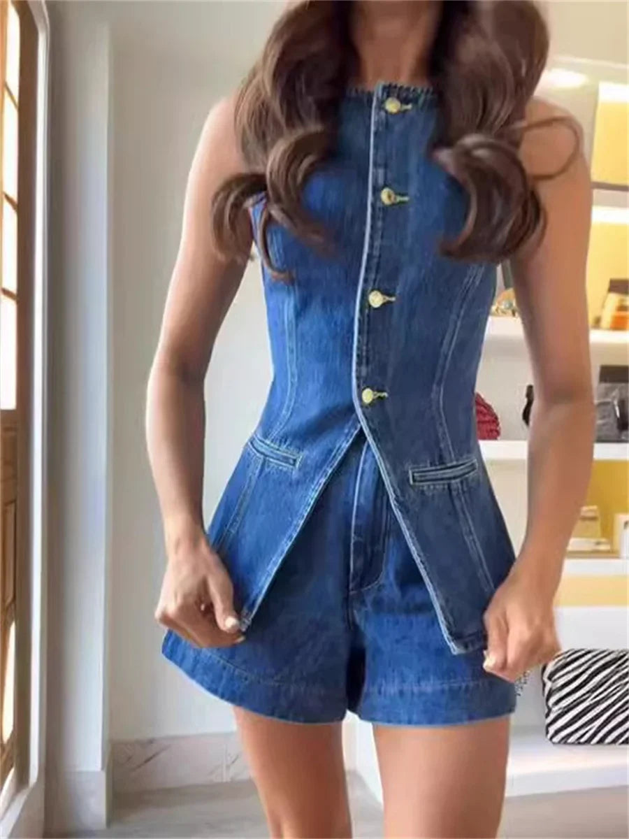 Denim Shorts Suit Sleeveless O-neck Single Breasted Split Top Vest High Waist Wide Leg Shorts Lady Sets