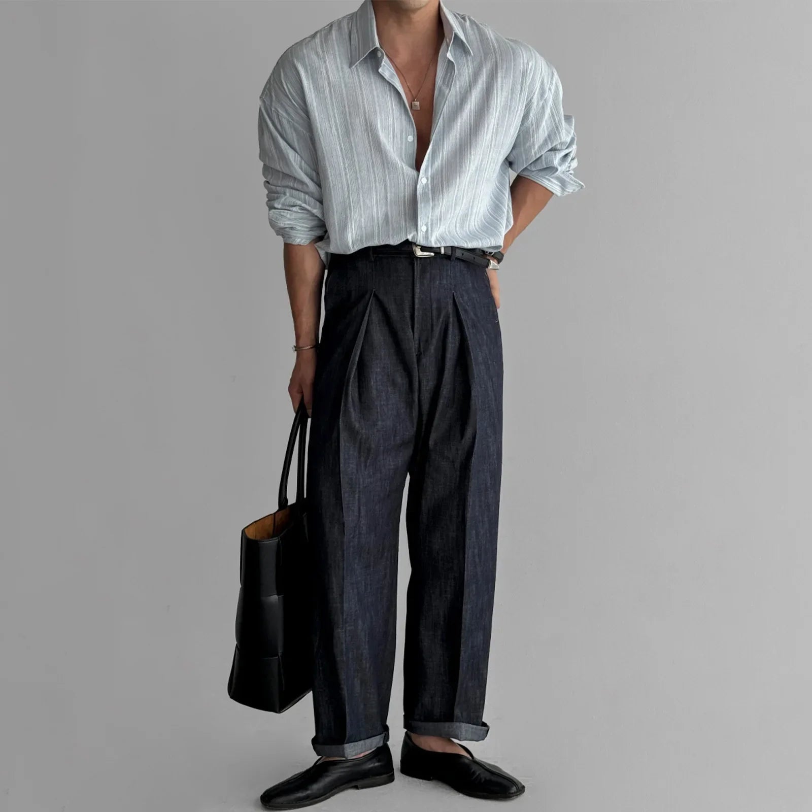Long Sleeve Casual Linen Striped Shirt Korean Style Lightweight Seasons Blue Color Thin Fabric No Ironing
