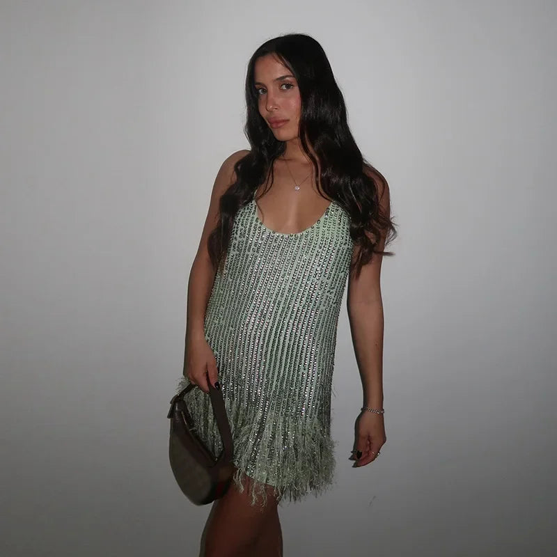 Feather Patchwork Sequin Evening Dress Loose Sleeveless A-line Loose Mini Vestidos Party Street Lady Dresses