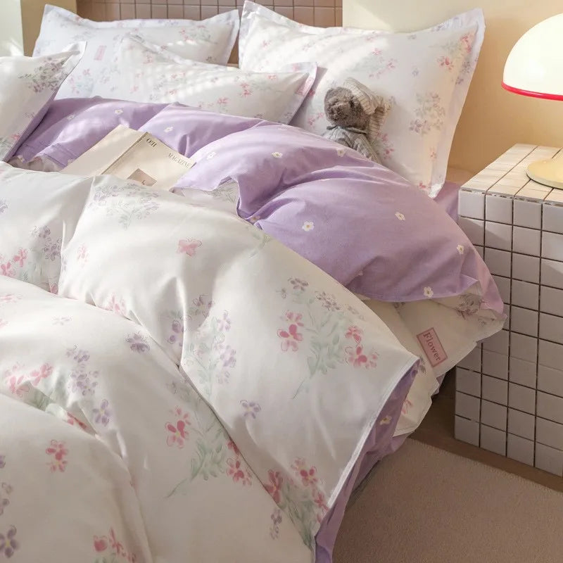 Pink Flowers Duvet Cover Set Ins Single Queen Size Girls Boys Flat Sheet Pillowcase No Filler Home Decor Bedding Set