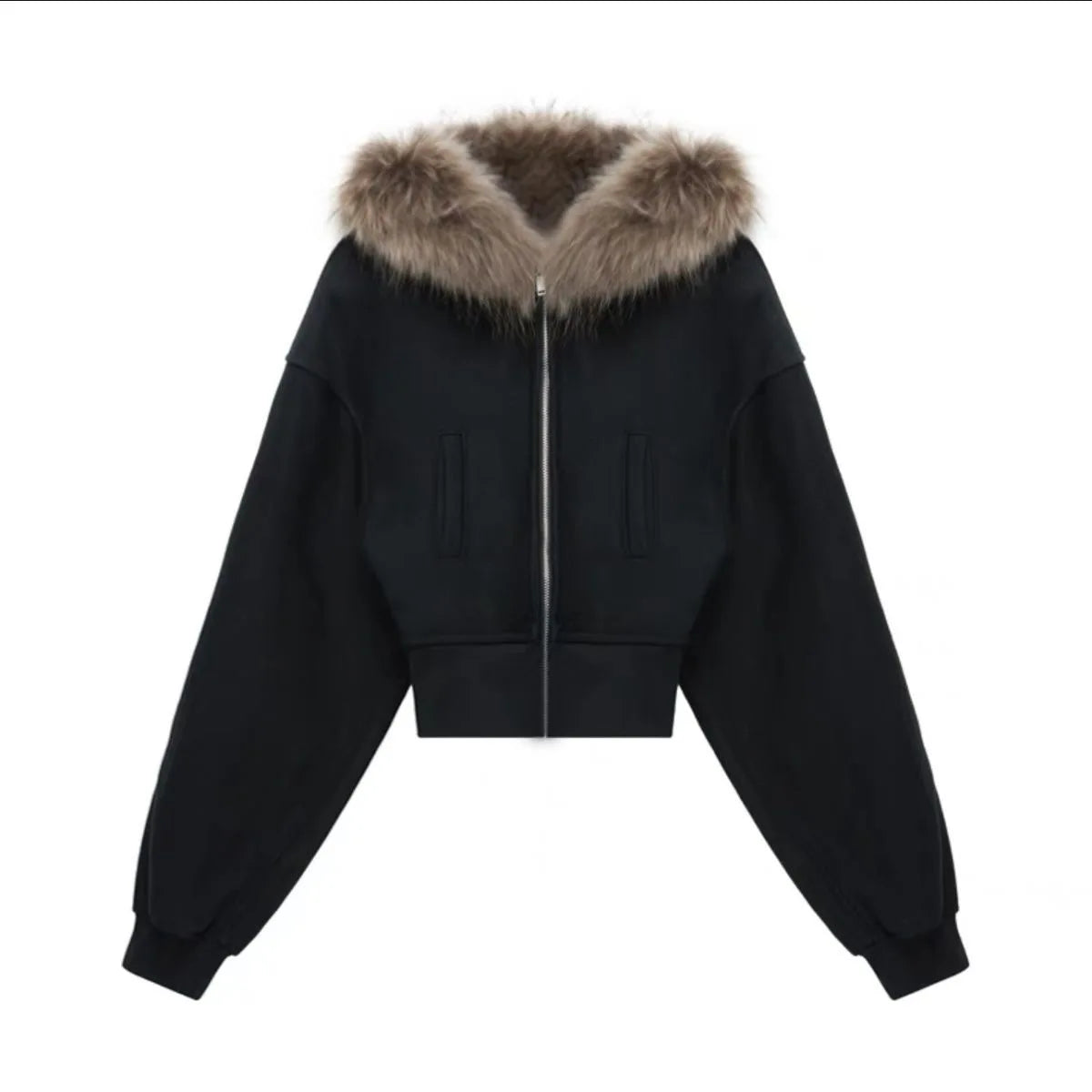 Black Fur Collar Zipper Sweatshirt Simple Furry Collar Zipper Hooded Sweatshirt Vintage Y2k Zipper Hooded Sweatshirt
