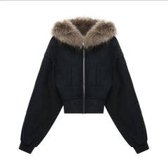 Black Fur Collar Zipper Sweatshirt Simple Furry Collar Zipper Hooded Sweatshirt Vintage Y2k Zipper Hooded Sweatshirt