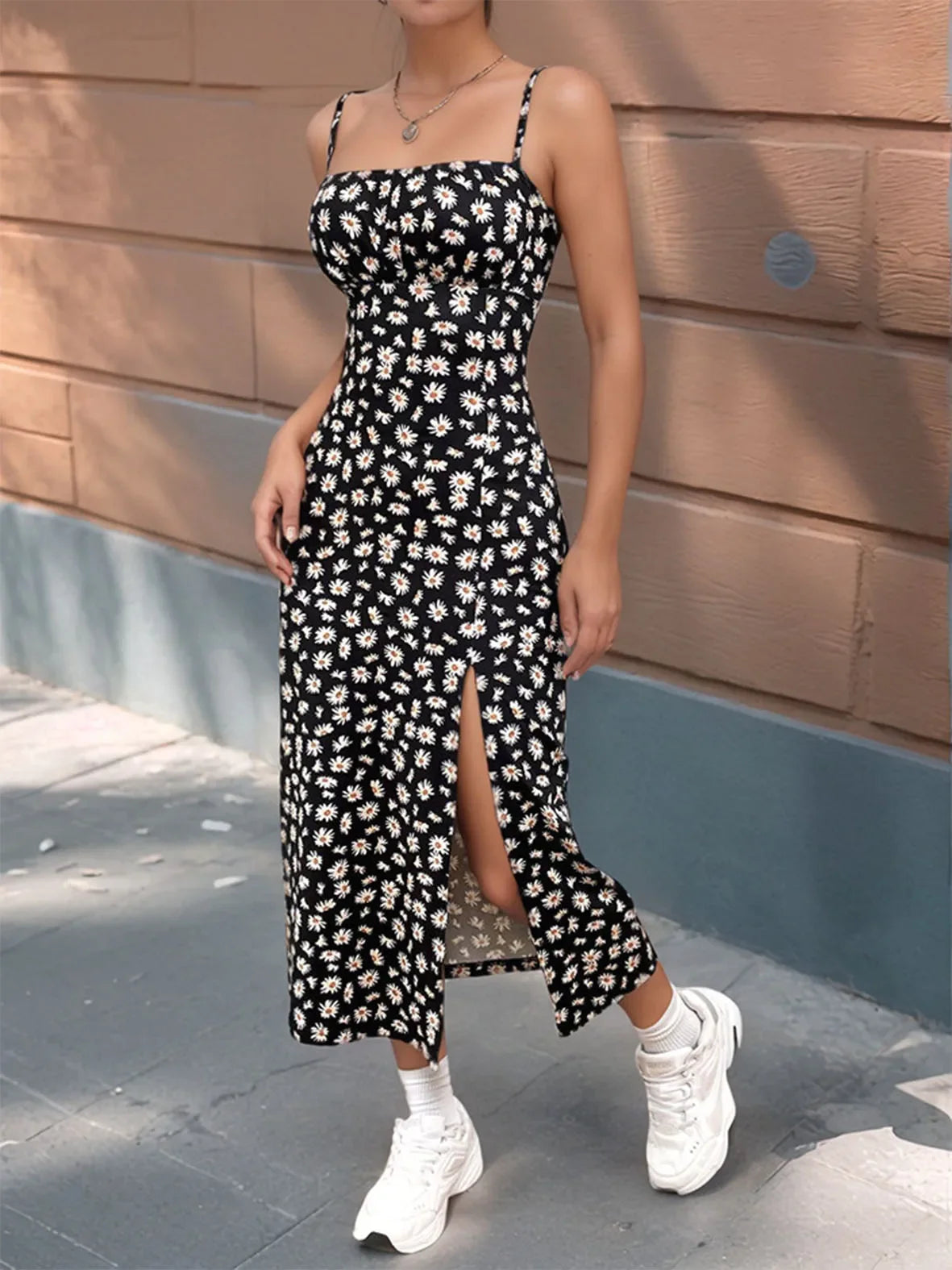 Floral Print Dress Sleeveless High Slit Bodycon Midi Sundress French Vintage Style