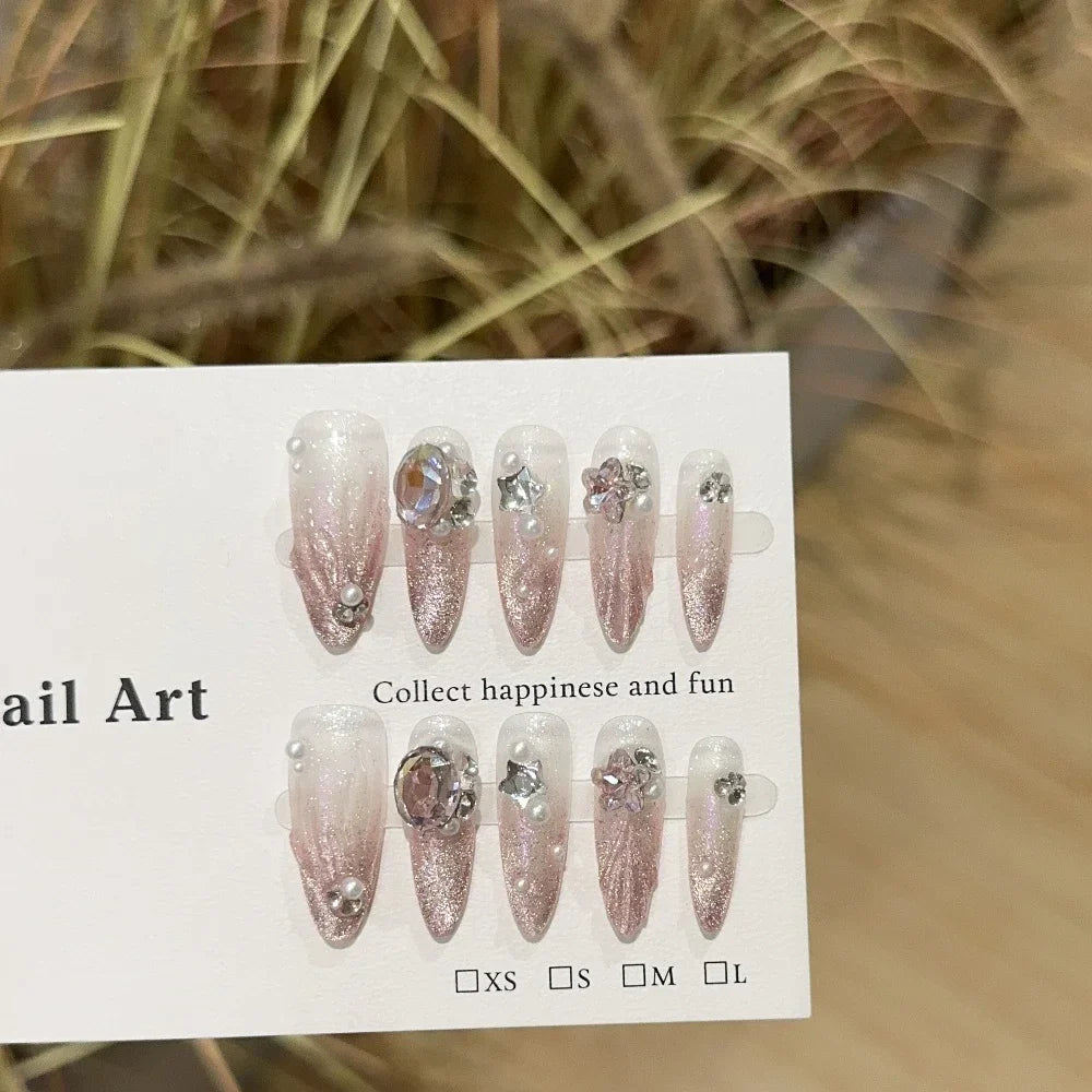 Sweet Lovely Cartoon Bear Long Coffin Stiletto Fake Nails Bowknot Pearl Diamond Flowers Cat Eyes Wearable Fake Nails