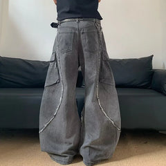 /Korean Vintage Splicing Hairy Zipper Micro Horn Jeans Loose Straight Leg Pants High Street Jeans