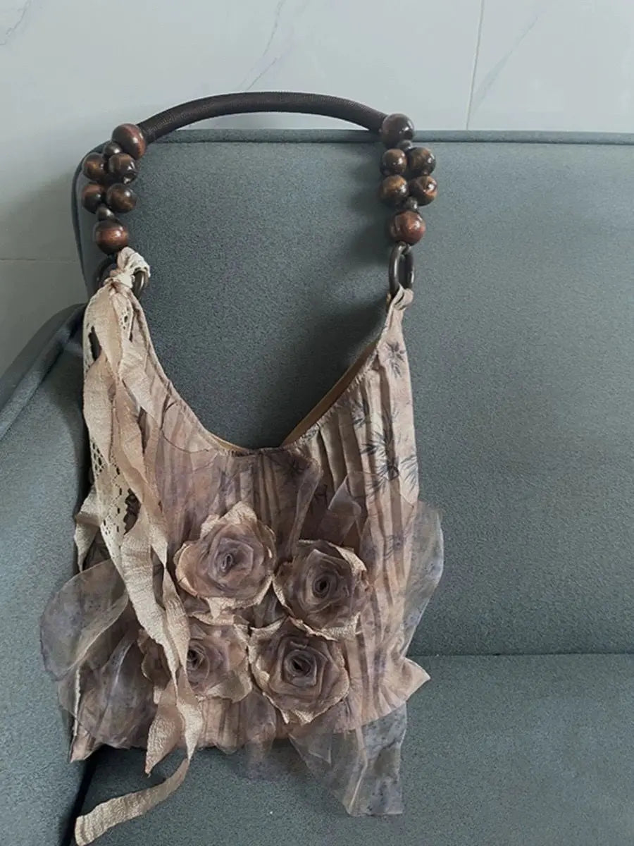 Chinese Style Rose Decor Shoulder Bags Commuter Tote Bags Classic Pleated Handbags Underarm Bags