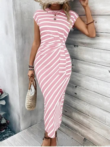 Elegant Waist Tie Striped Round Neck Short Sleeves Long Dress High-End Feel Clothing Skirt