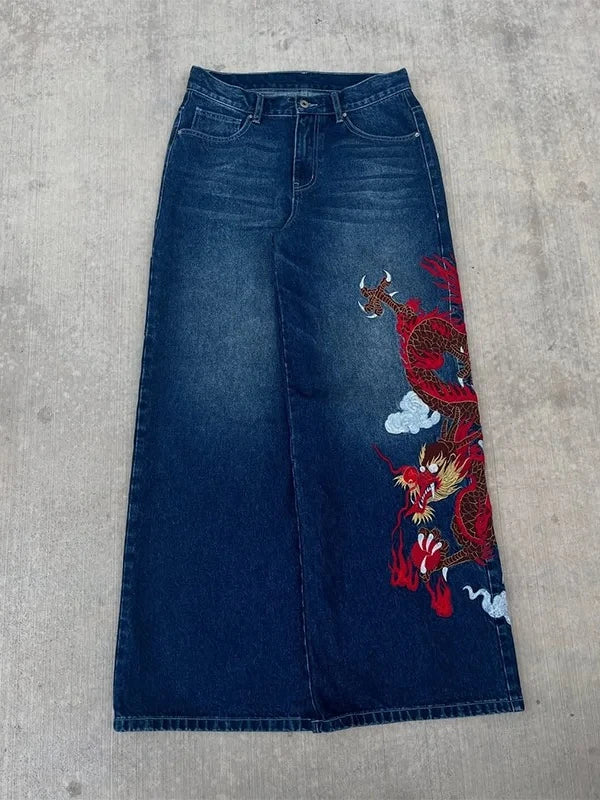 Unisex White Red Tribal Flame Print Loose Wide Leg Jeans Y2K Grunge Streetwear Oversized Denim Pants