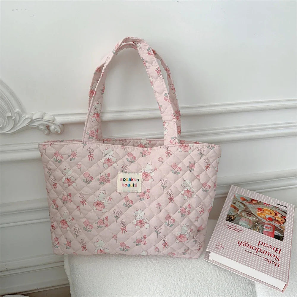 Cartoon Print Shoulder Bag Large Capacity Ladies Tote Handbags Soft Quilted Travel Shopping Bags Girls Book Bag
