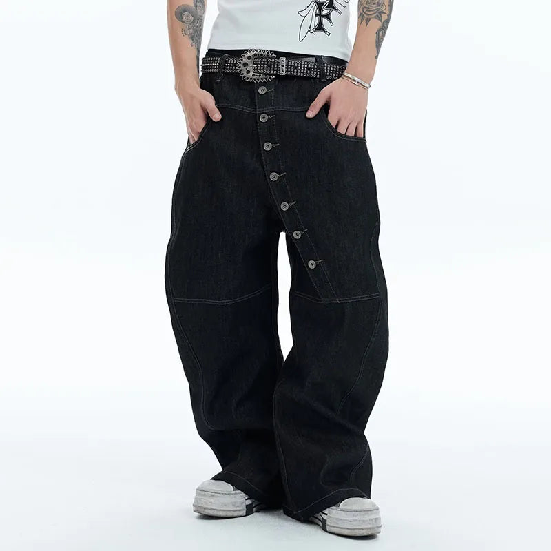 Korean High Street Buckle Curved Jeans Loose Straight Leg Pants Black Wide Leg Pants Casual Pants Hip-Hop Pants
