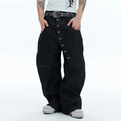 Korean High Street Buckle Curved Jeans Loose Straight Leg Pants Black Wide Leg Pants Casual Pants Hip-Hop Pants