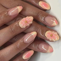 Pink Yellow Halo Dyeing Flower Water Ripple False Nails Leopard Long Pointed Fake Nails Art Press on Nails Charm Manicure