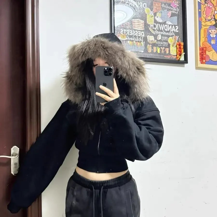 Black Fur Collar Zipper Sweatshirt Simple Furry Collar Zipper Hooded Sweatshirt Vintage Y2k Zipper Hooded Sweatshirt