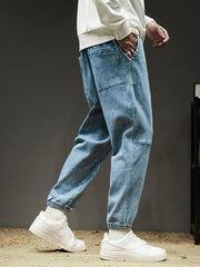 Cargo Jeans Slight Stretch Cotton Denim Jogger Pants Black Blue Streetwear Baggy Jeans
