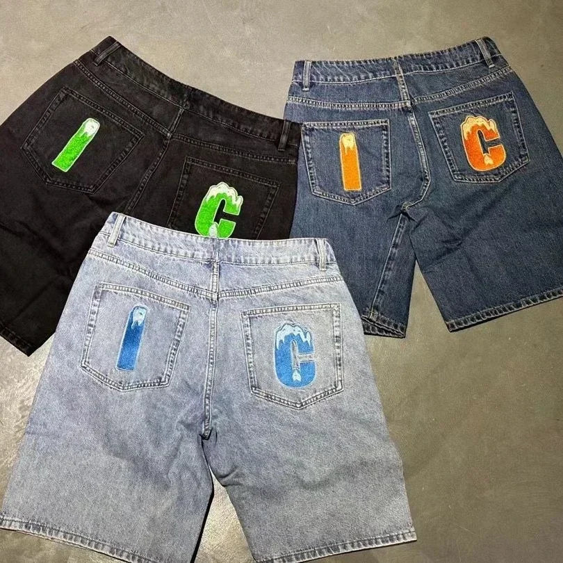 Y2k Harajuku Hip-Hop Gothic Colored Flying Dog Printed Denim Shorts High Street Loose Casual Straight Cropped Jeans
