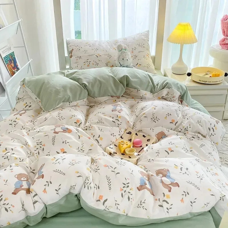 Ins-style Class A ultra-soft double-layer yarn washed cotton 4-piece set, cute quilt cover, student dormitory single