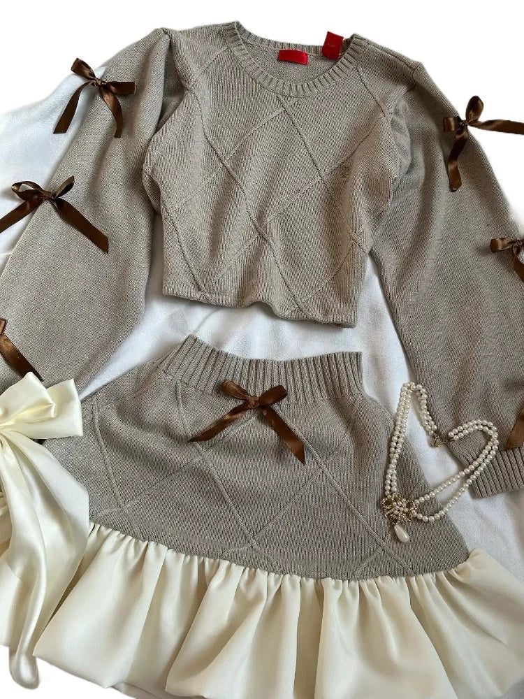 Trend Y2k Knitted Splicing Two Piece Set Bow Long Sleeve Knitted Slimming Top Mini Pleated Skirt Set