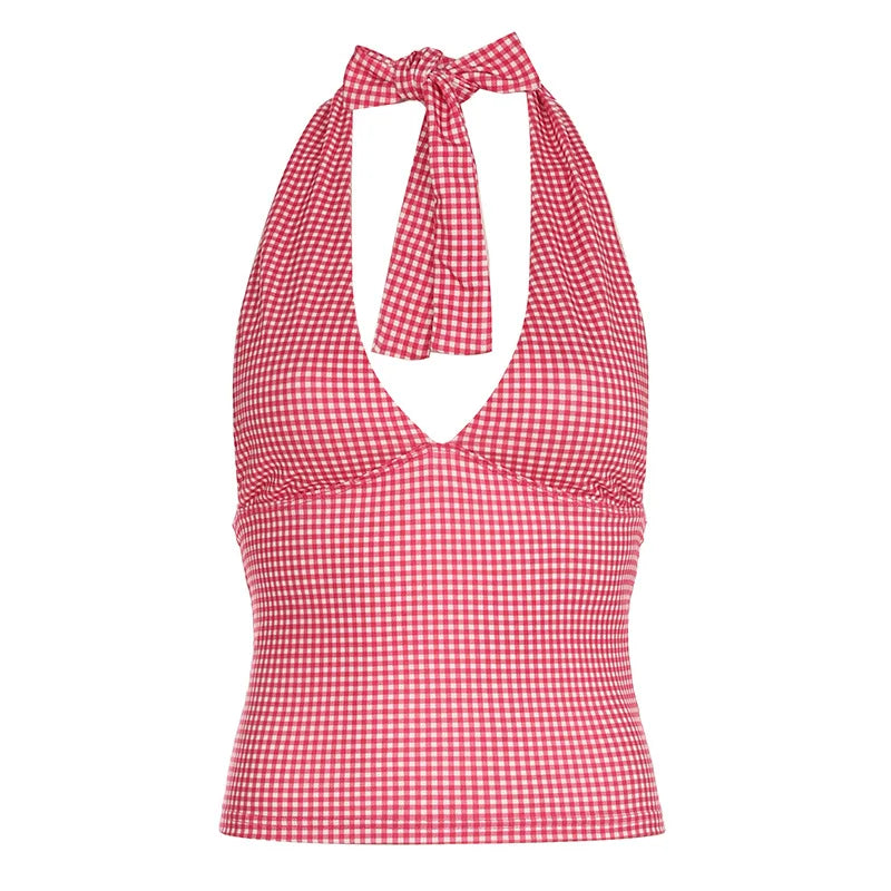 Y2k Sweet Halter Tanks Skinny Sleeveless Print Hotsweet V-Neck Backless Blouses