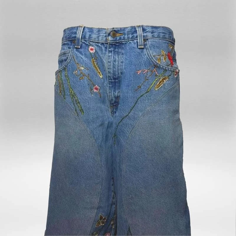 Y2K Baggy Jeans splicing Floral Seams embroidered jeans Gothic Hip Hop Harajuku Casual wide leg Jeans