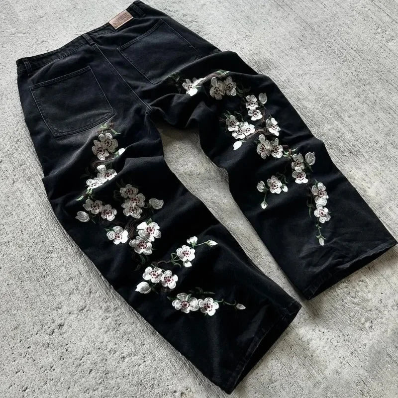 Y2K Baggy Jeans Harajuku vintage cherry blossom Embroidery jeans streetwear Hip Hop gothic wide leg jeans