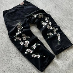Y2K Baggy Jeans Harajuku vintage cherry blossom Embroidery jeans streetwear Hip Hop gothic wide leg jeans