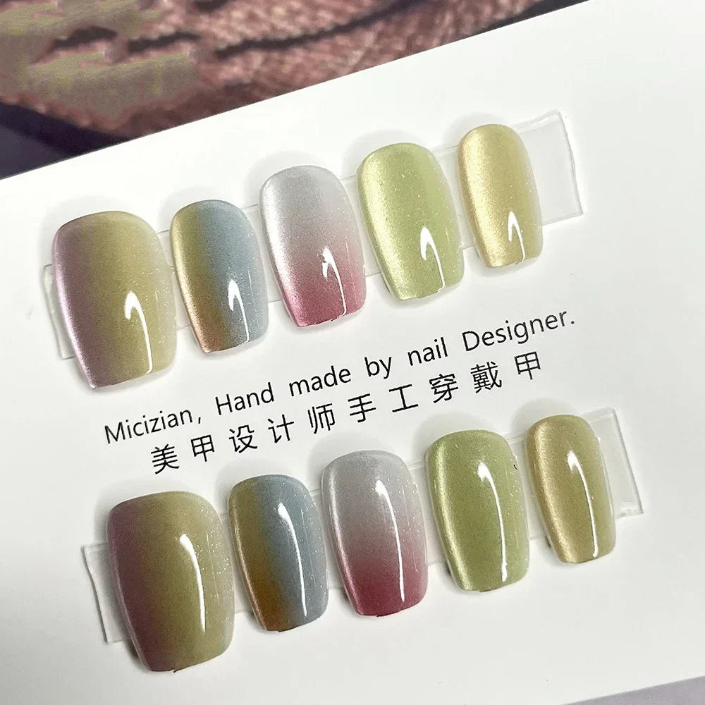 10Pcs Wearable Cat Eyes Series Short Square Press On Nails Kawaii Cartoon Cat Rabbit Rhinestone Gradients Full Cover False Nails